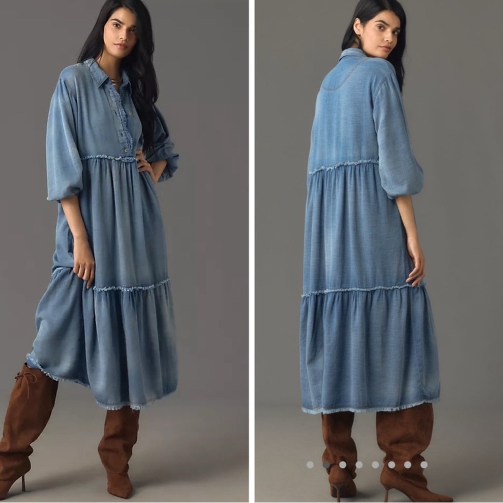 Anthropologie Washed Denim-Blue Tiered Midi Shirt Dress